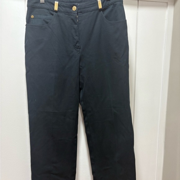 St John Sport Marie Gray Black Pants  Stretch Straight Leg Golden Loops Size 6 - Picture 1 of 4
